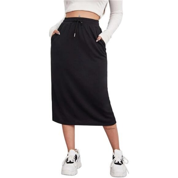 Women's Midi Skirt Drawstring High Waist Sweat Skirts with Pockets - Picture 1 of 7